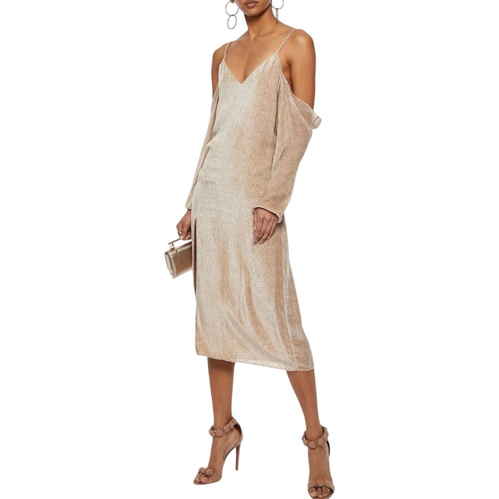 Michelle Mason Silk Cold Shoulder Midi Dress Size 8 Sand Beige NWT